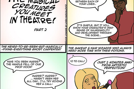 Four panel comic illustrating the magical creatures you meet in the theatre part 2.