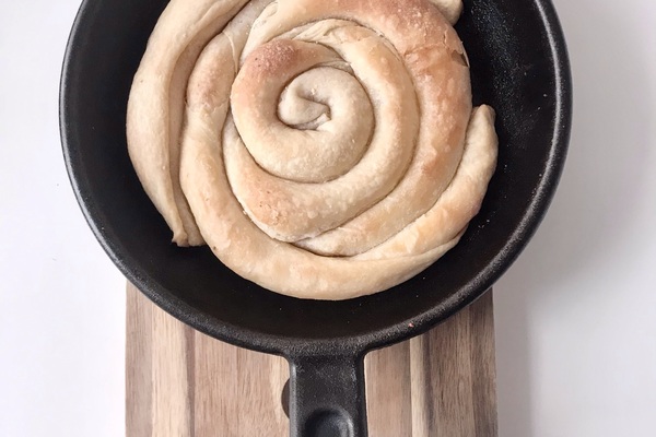 Strudel in iron pan. Taken from overhead.