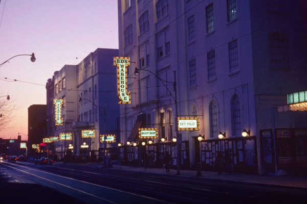 Night view of Ed's Warehouse